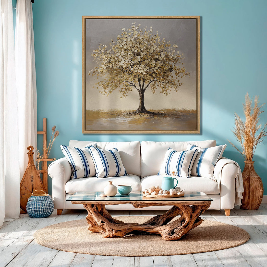 Framed Wall Art featuring a serene tree painting in gold and gray tones. Perfect for adding a touch of nature and elegance to your living room decor.