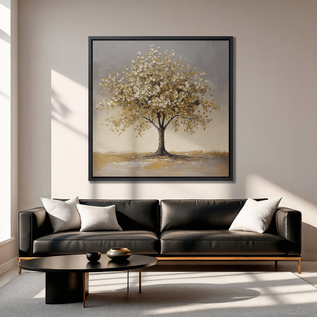 Framed Wall Art: Abstract tree art in gold and gray tones. Modern canvas print adds a touch of elegance to any living room. Shop now!