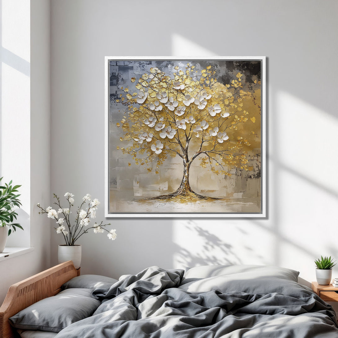 Framed Wall Art: Abstract tree painting with gold and white blossoms. Elegant, modern art with a neutral color palette. Perfect for bedroom decor.