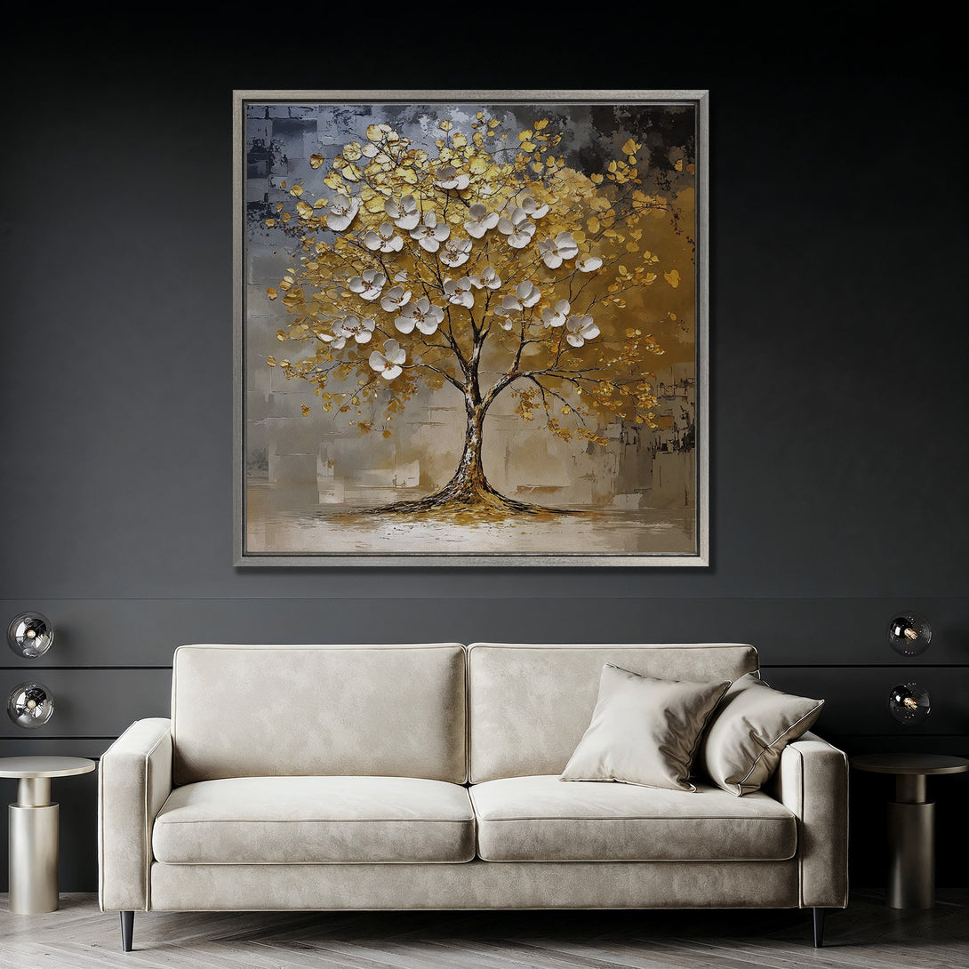 Framed Wall Art: Abstract tree painting with gold and white blossoms. Modern art with neutral color palette, perfect for living room decor.