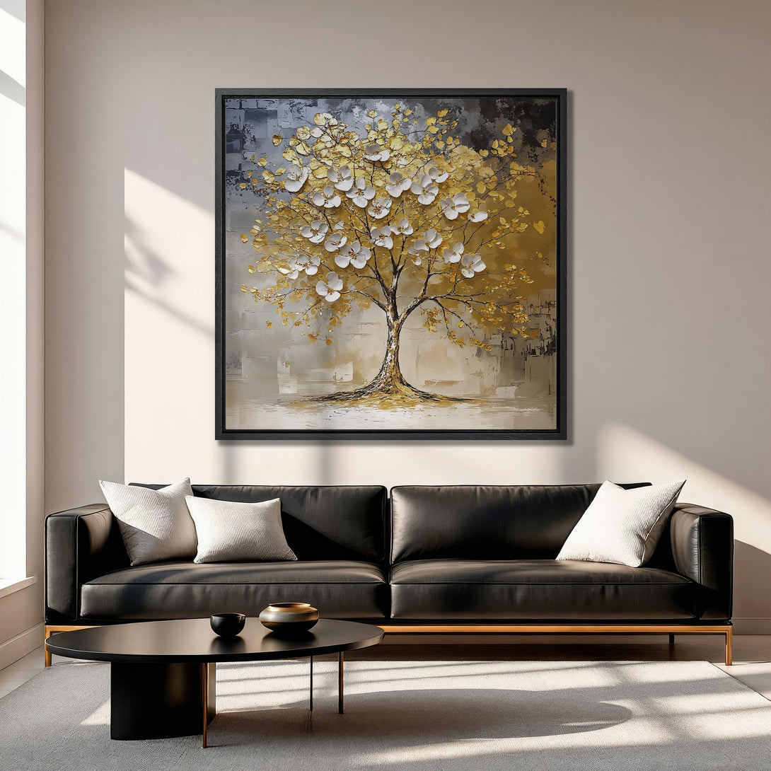 Framed Wall Art: Abstract tree painting in gold and white tones. Modern art print perfect for living room decor. Enhance your space with this beautiful canvas.