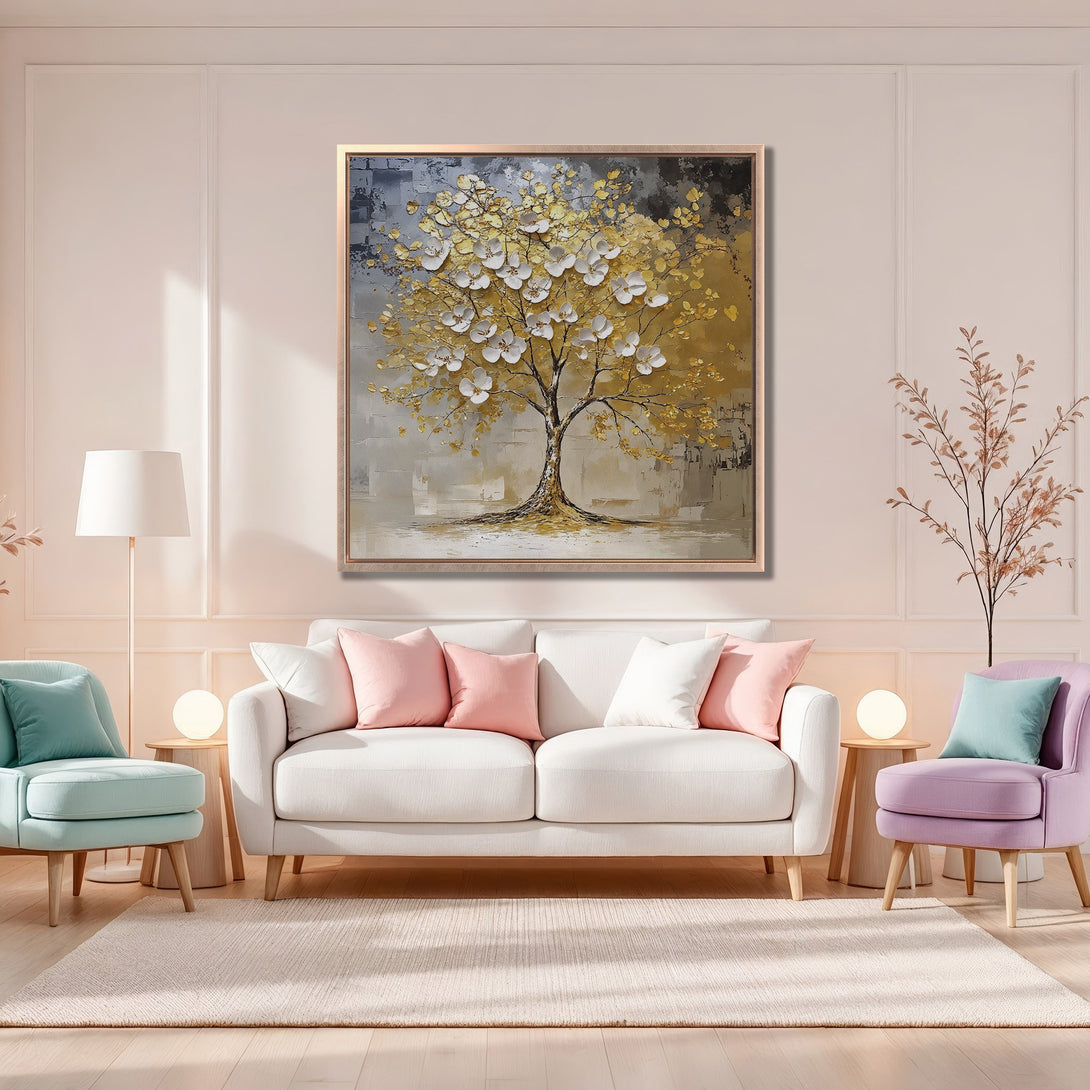Framed Wall Art of a golden tree in a modern living room. Neutral color palette with pops of pink and teal. Elevate your space with this stunning art!