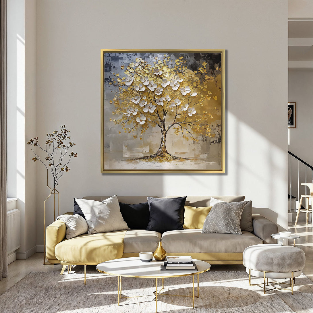 Canvas Print of a golden tree with white flowers, modern abstract style, set against a neutral and gold palette. Perfect for home decor.