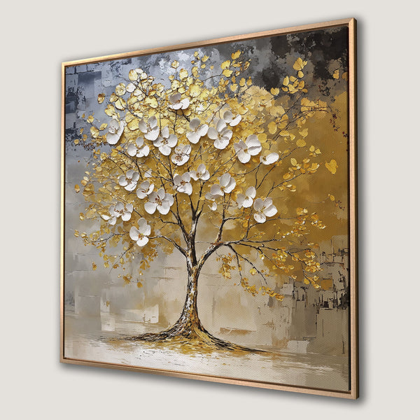 Framed Wall Art: Abstract tree painting in gold, white, and gray tones. Textured canvas print adds elegance to any space. Shop now!
