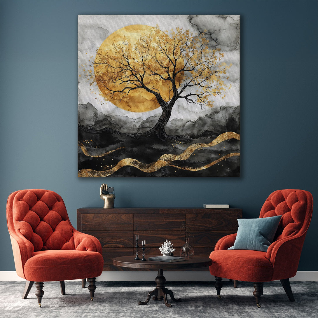 Framed Wall Art: Abstract tree painting in gold, black, and gray. Modern art for living room decor. Adds elegance and style to your space.