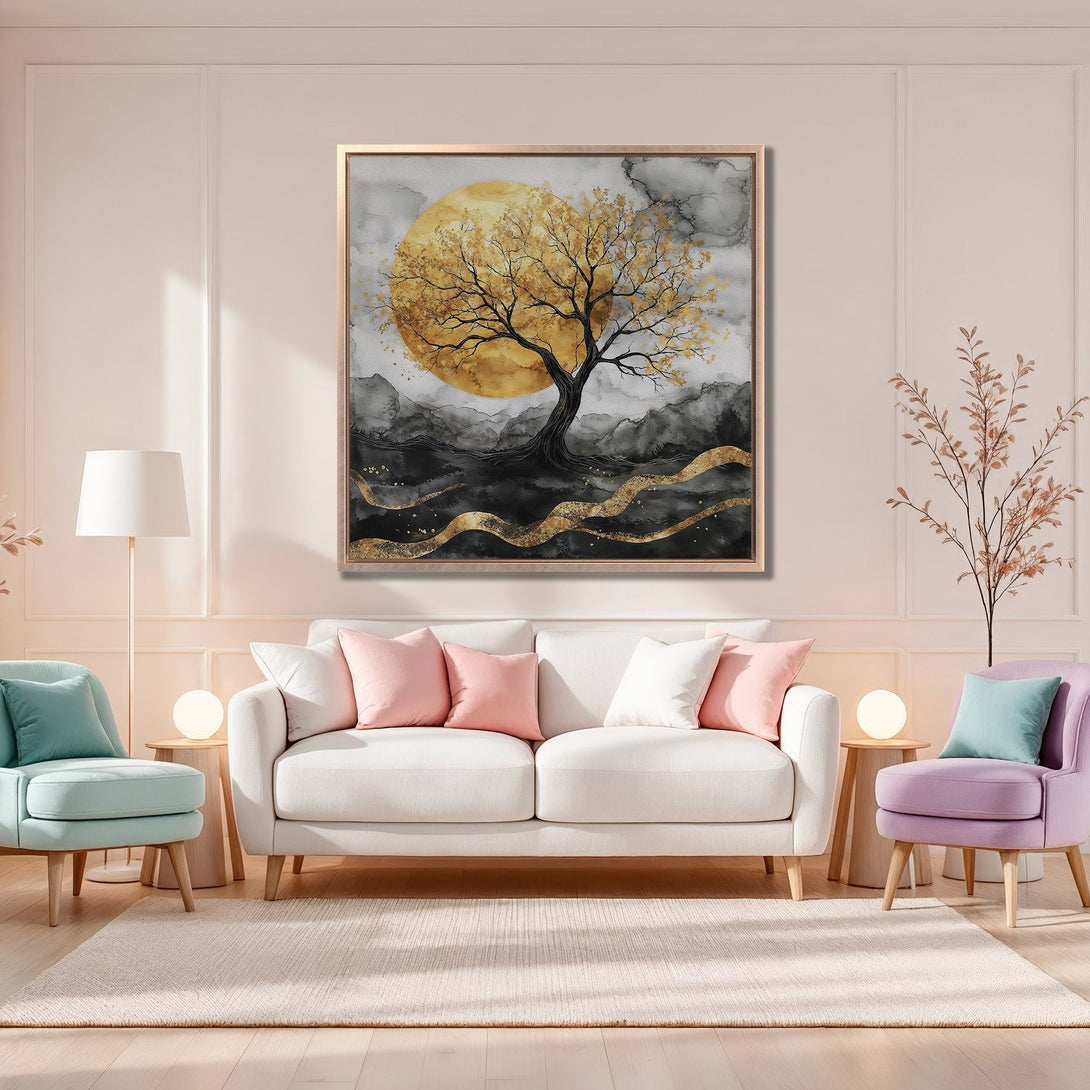 Framed Wall Art: Abstract tree with gold & black accents. Modern canvas art in a neutral interior with a warm, inviting color palette. Shop now!