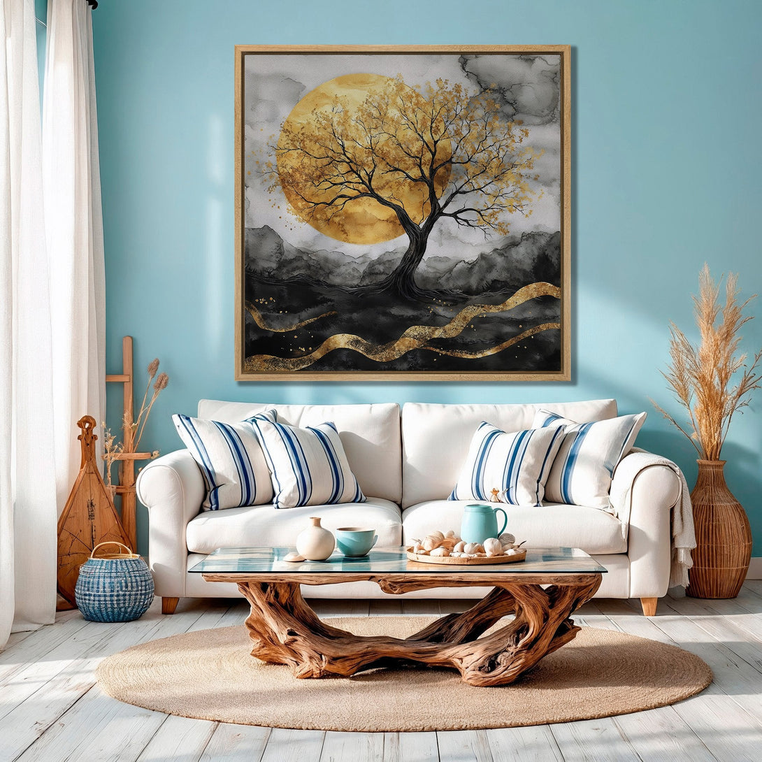 Framed Wall Art: Abstract tree art in gold and black against a blue sky. Modern canvas print perfect for living room decor.