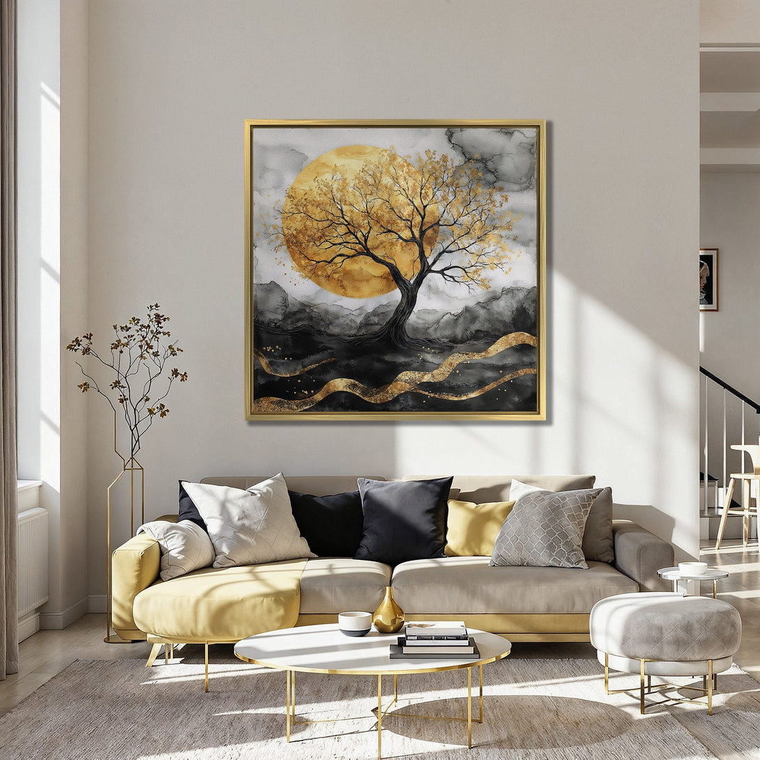 Canvas Print of a golden tree against a watercolor background. Modern art with gold, black, and grey tones. Perfect wall decor.