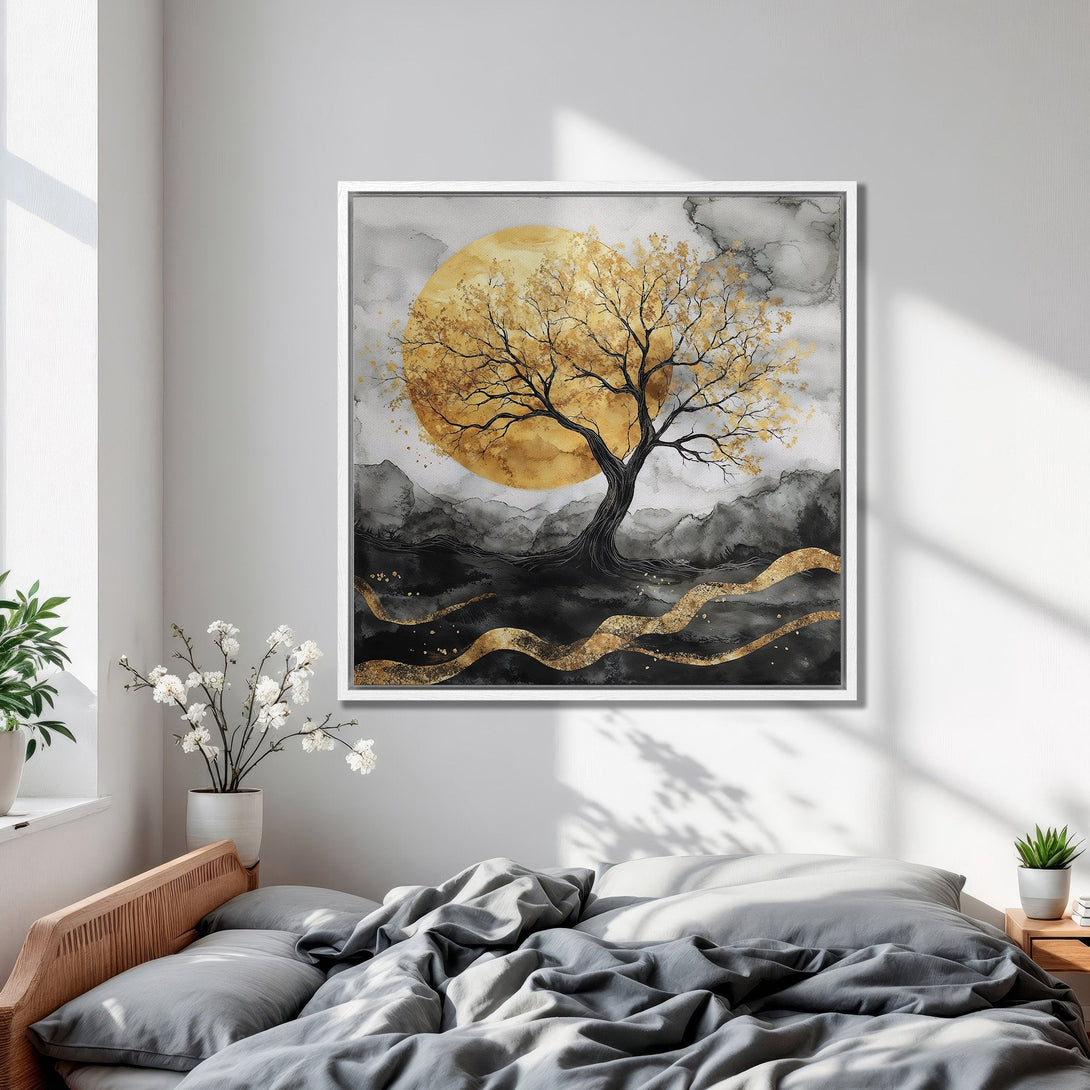 Framed Wall Art featuring a golden tree against a sunset, abstract style, with gold, black, and gray tones, perfect for bedroom decor.