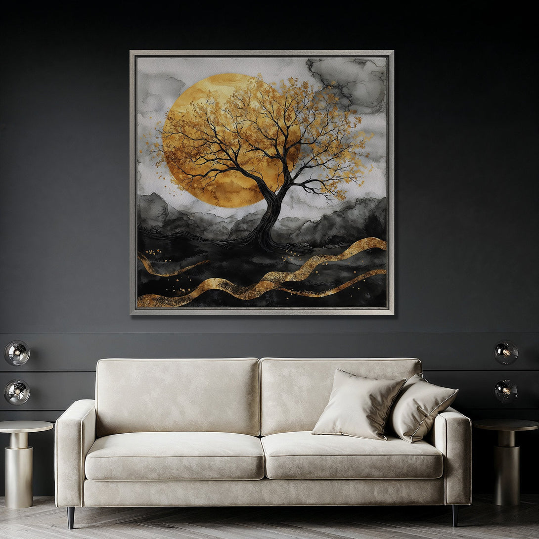 Framed Wall Art featuring a golden tree against a moon, in a modern style. Black, gold, and gray color palette, perfect for home decor.