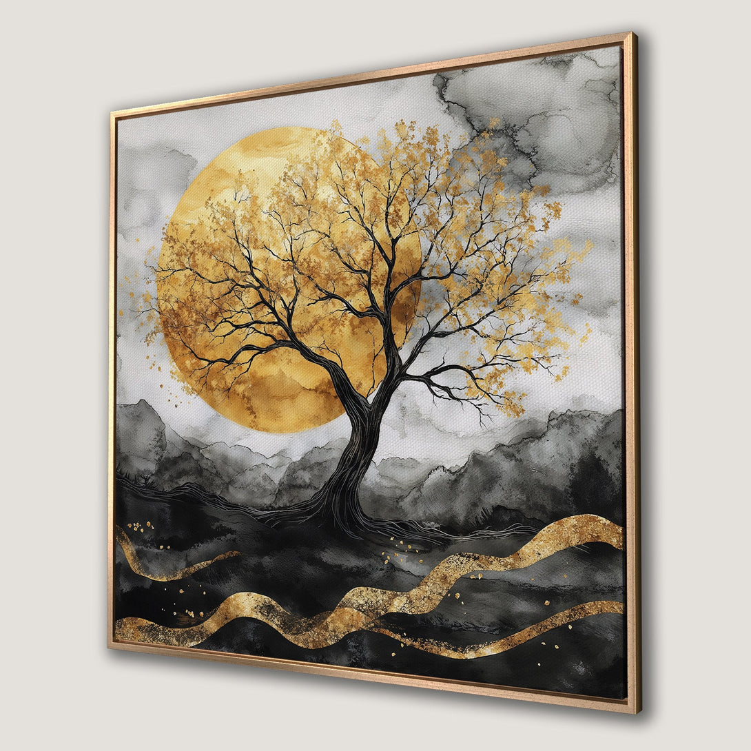 Framed Wall Art: Abstract tree art in gold and black. Modern Canvas Print with a serene, watercolor style and a touch of luxury.