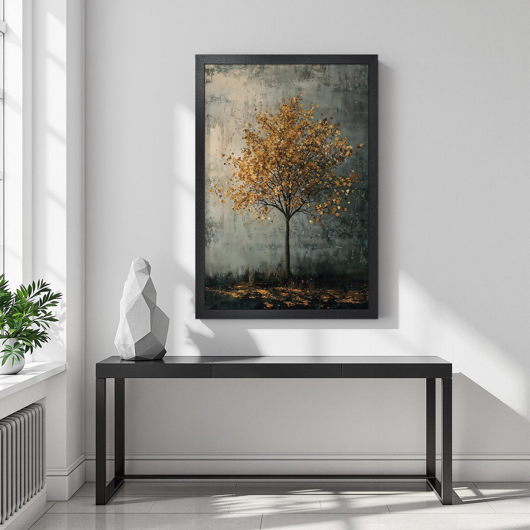 Framed Poster featuring a tree with golden leaves, artistic style, muted gray and gold color palette. Perfect wall art!