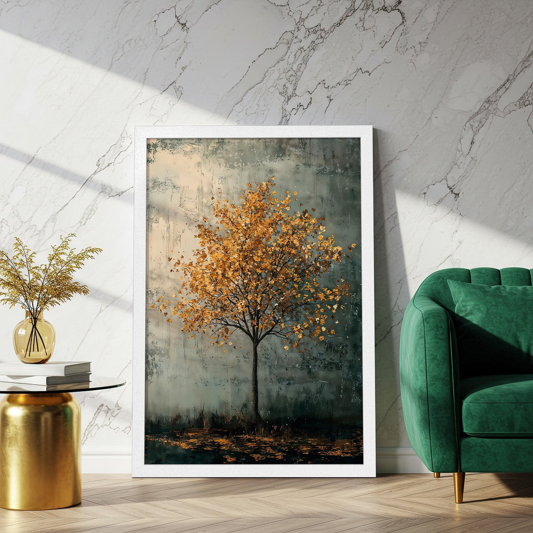 Framed Poster featuring an autumn tree in a painterly style, with a warm gold and teal color palette. Perfect wall art for your home!