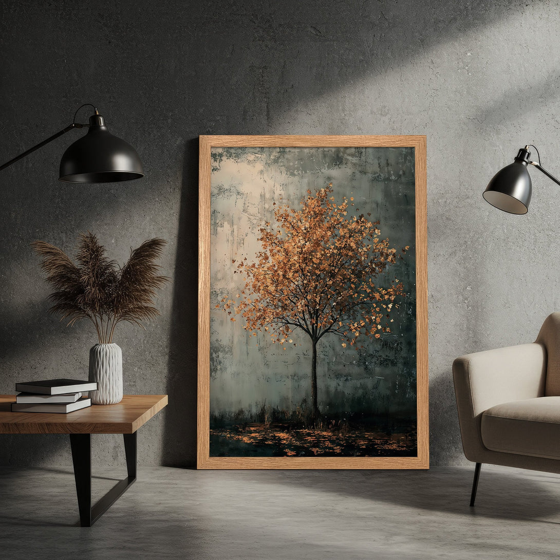 Framed Poster featuring an autumn tree in muted gold and teal tones, perfect for adding a touch of nature to your home decor.