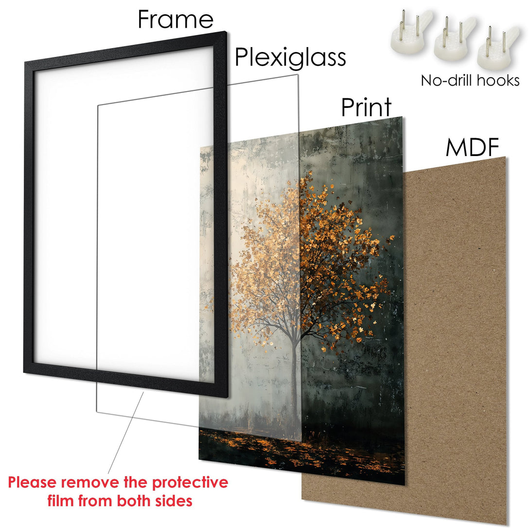 Framed Poster featuring an abstract tree in gold and gray tones. Modern art style, ready to hang and elevate your space.