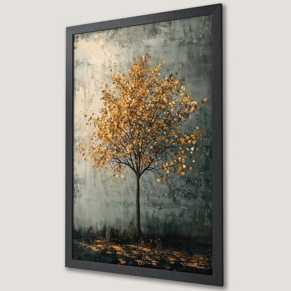 Framed Poster featuring a tree with golden leaves. Artistic style with a muted gray and gold color palette, perfect for home decor.