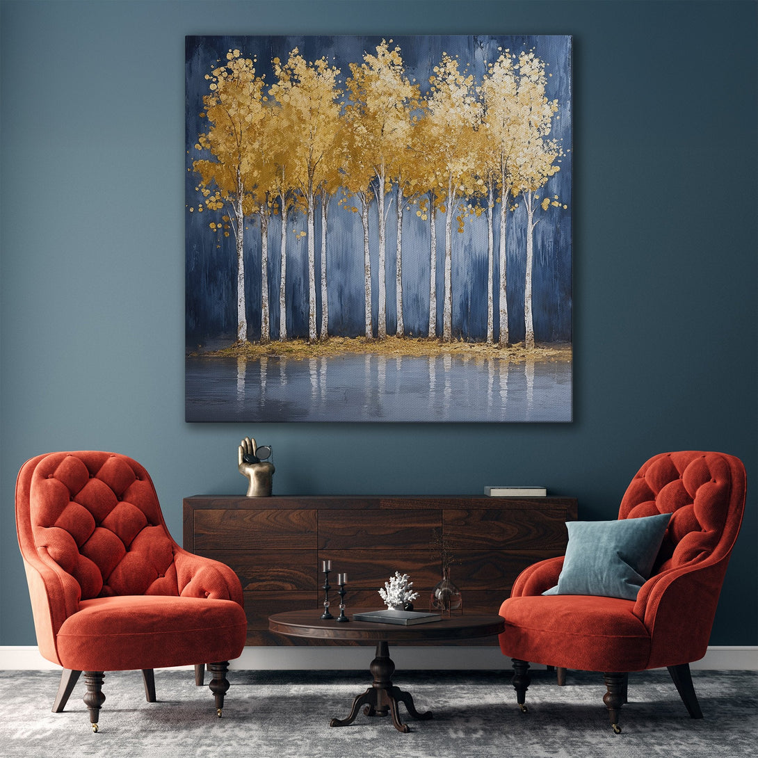 Framed Wall Art: Abstract gold trees on a blue background. Modern canvas print with a gold and blue color palette, perfect for living room decor.