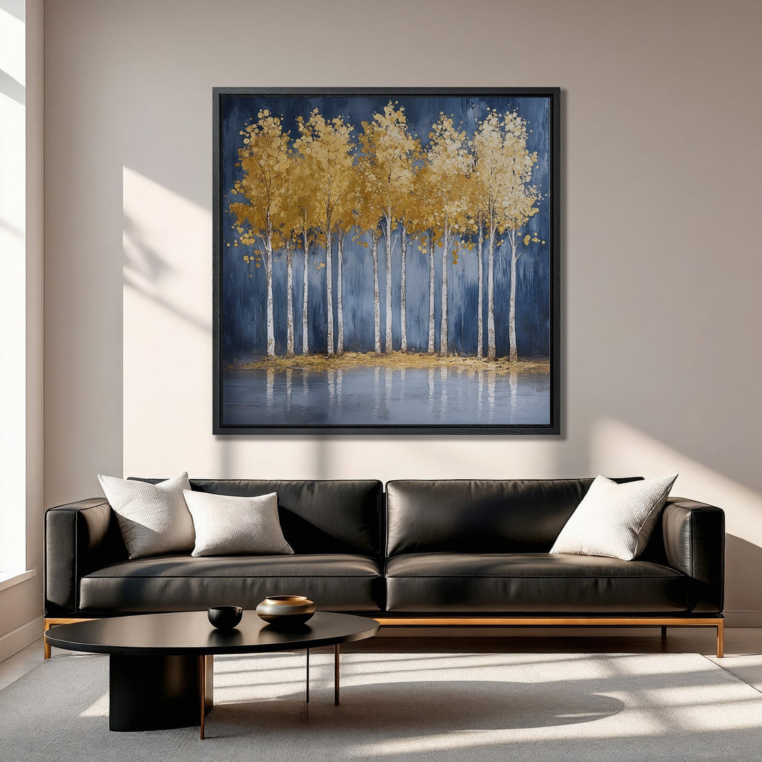 Framed Wall Art: Golden trees painting in a modern interior. Blue, gold, and white color palette. Perfect for living room decor.