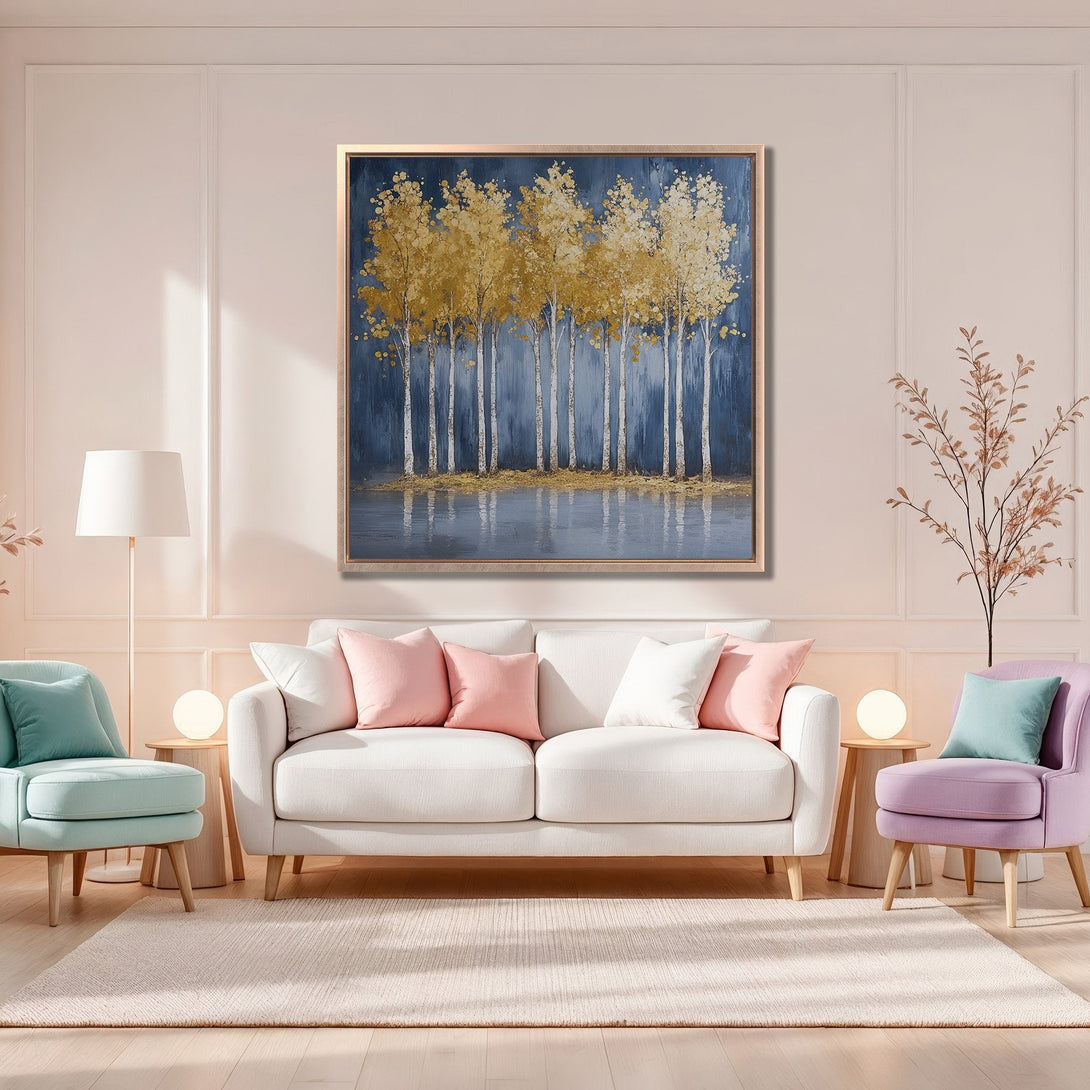 Framed Wall Art: Golden trees painting in a modern interior. Blue, gold, and white color palette. Perfect for living room decor.