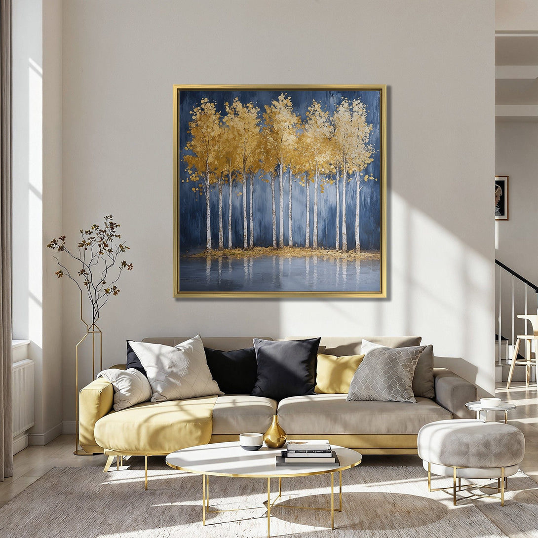 Canvas Print of golden trees on a blue background. Modern abstract art with a warm, inviting color palette. Perfect for living room decor.