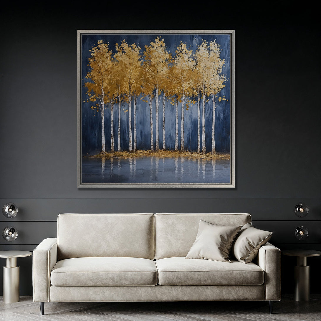 Framed Wall Art: Abstract gold trees on a dark blue background. Modern, minimalist style with a neutral color palette. Perfect for living room decor.