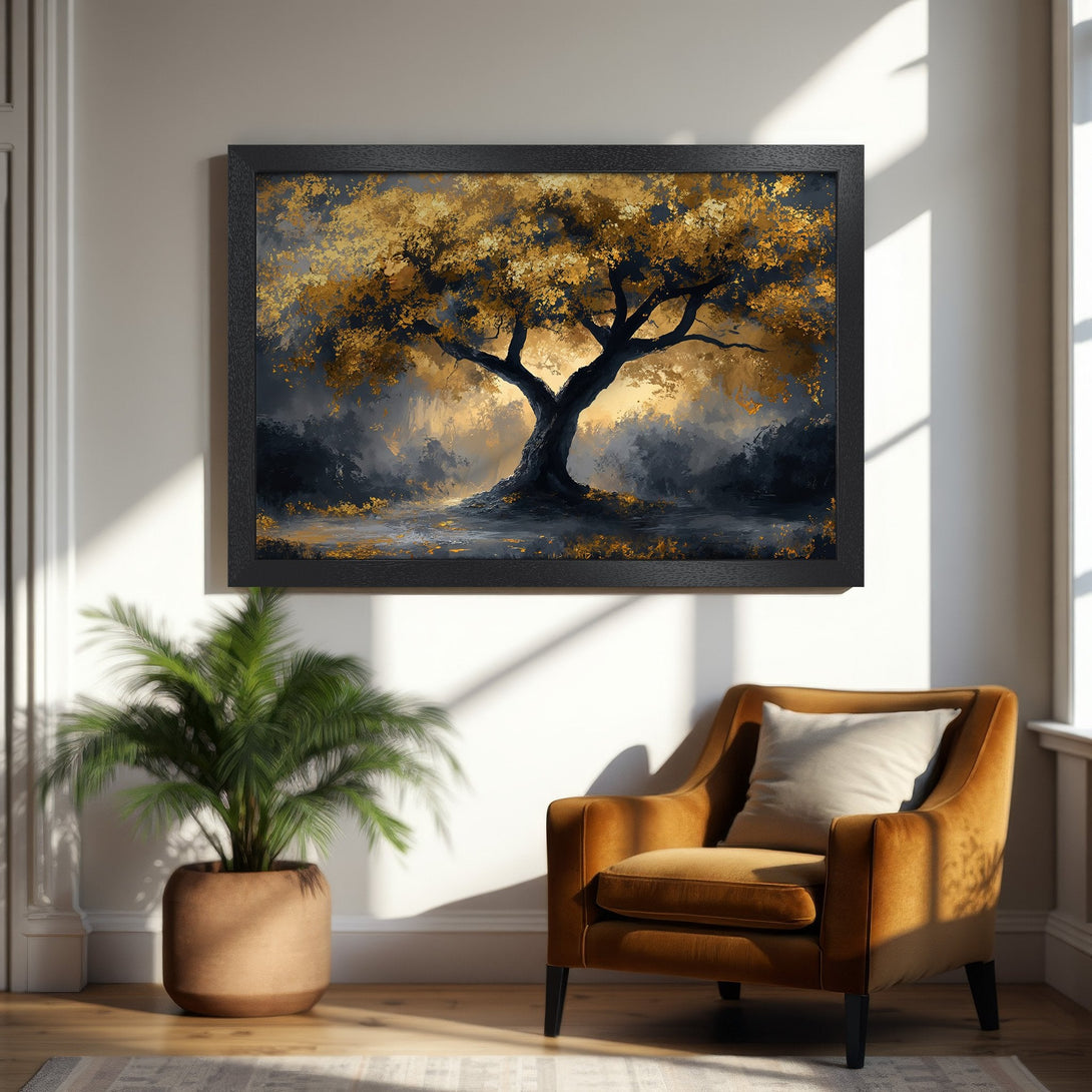 Framed Poster featuring a golden tree in a painterly style, with a dark and gold color palette. Perfect wall art.