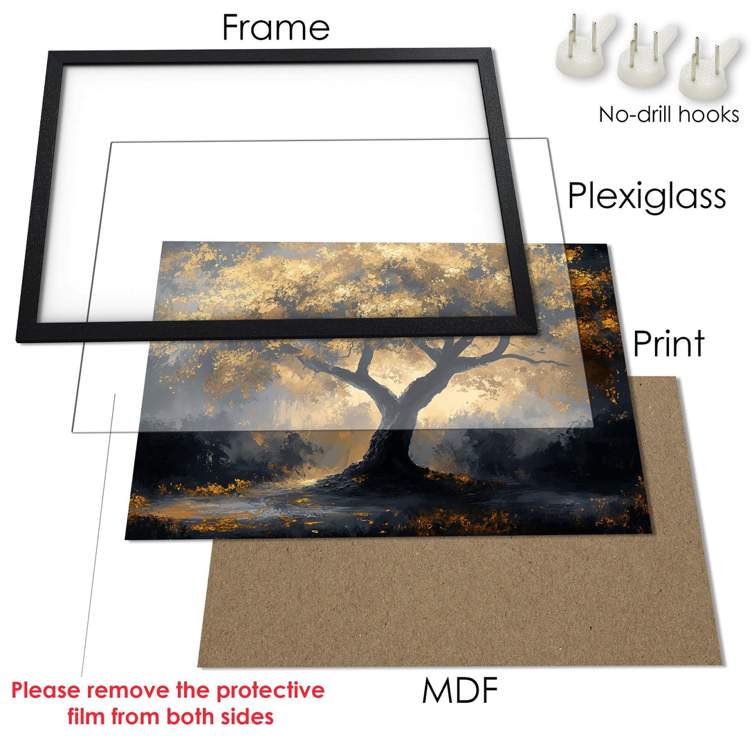 Framed Poster featuring a majestic tree in gold and black. Enhance your space with this stunning art print!
