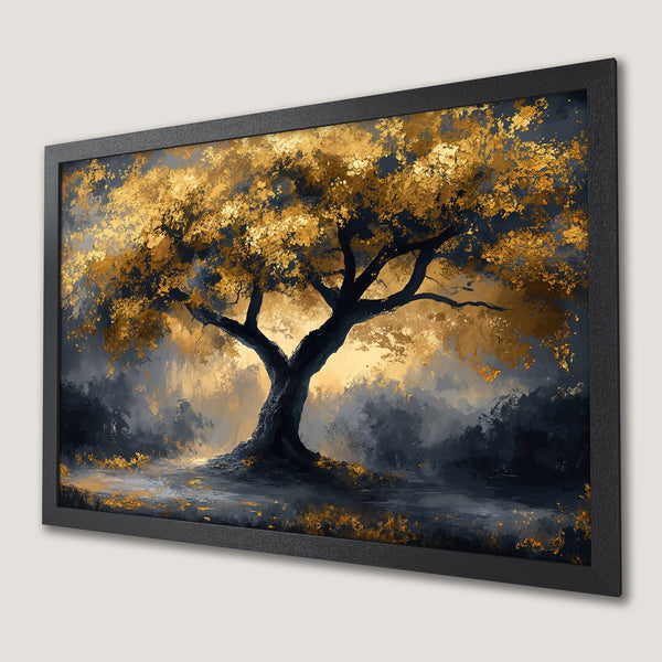 Framed Poster featuring a golden tree art print. Stunning abstract style with gold, black, and gray color palette. Perfect wall decor.