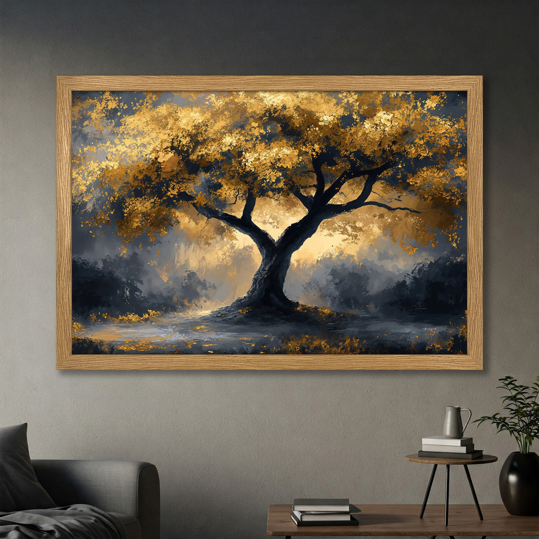 Framed Poster featuring a golden tree painting. Artistic style with a dark blue and gold color palette, perfect for home decor.
