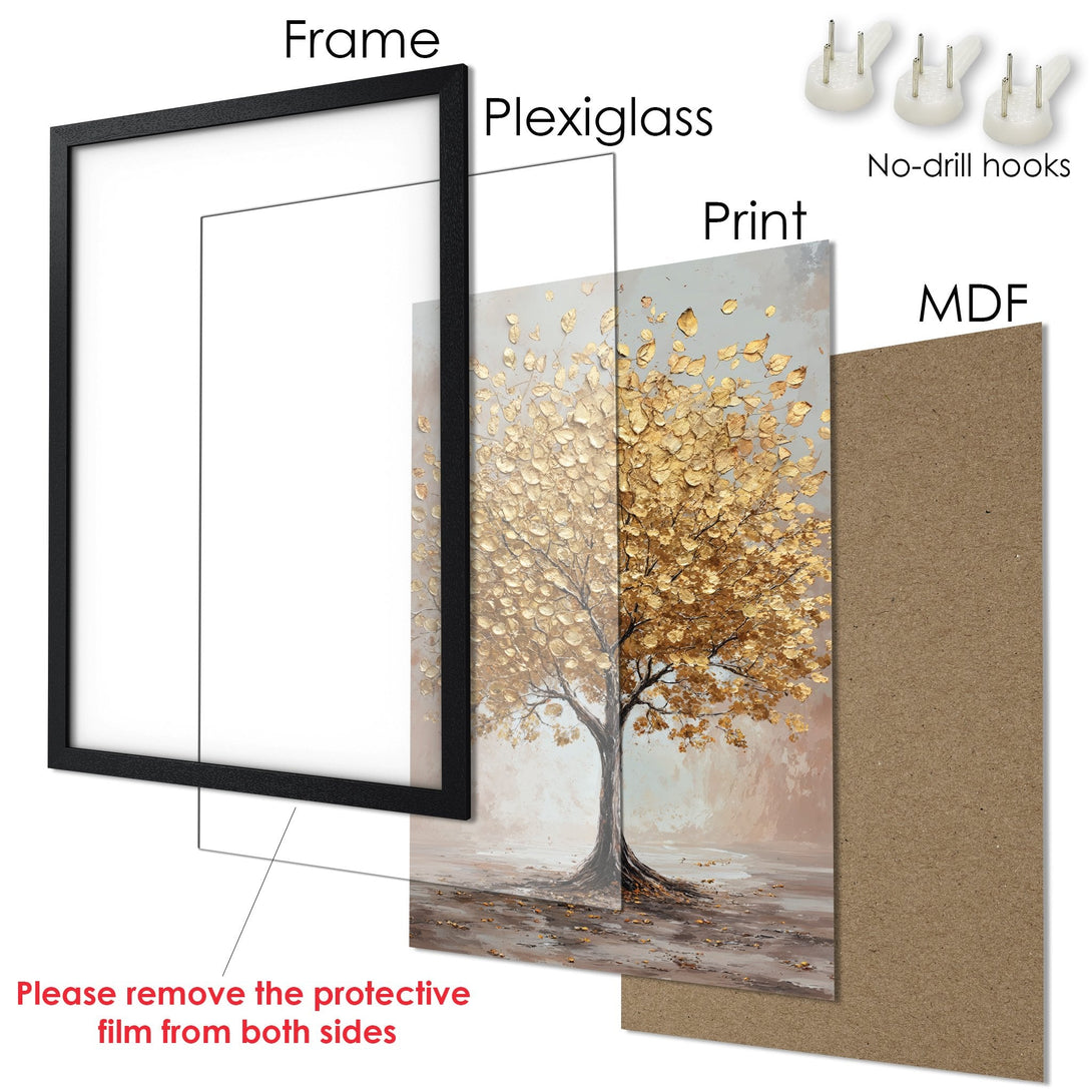 Framed Poster of a golden tree in a textured, impressionistic style. Warm, neutral color palette. Ready to hang art.