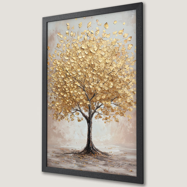 Framed Poster featuring a gold leaf tree art print in a neutral color palette, perfect for home decor.