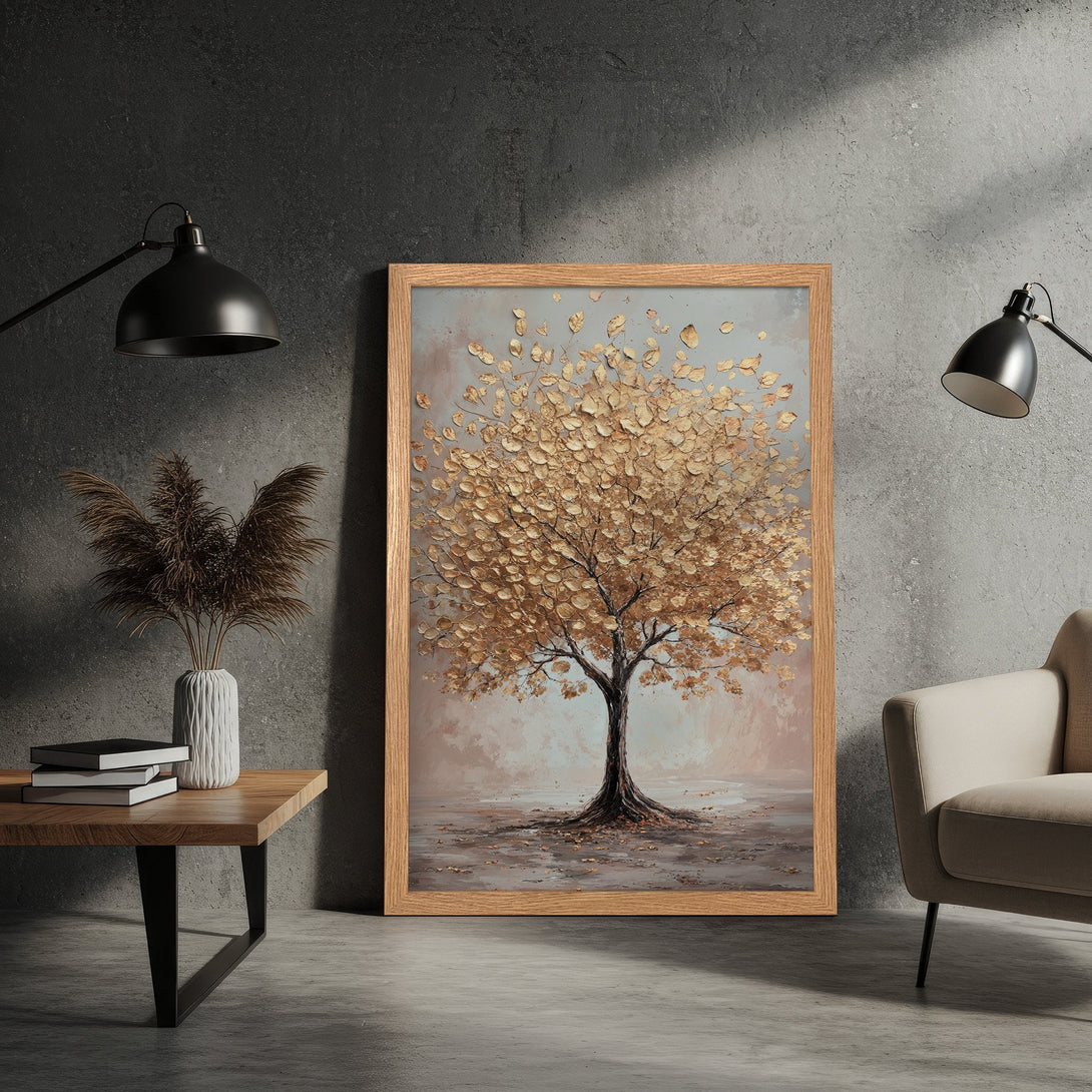 Framed Poster of a golden tree art print. Modern style with a warm, neutral color palette. Perfect for home decor.