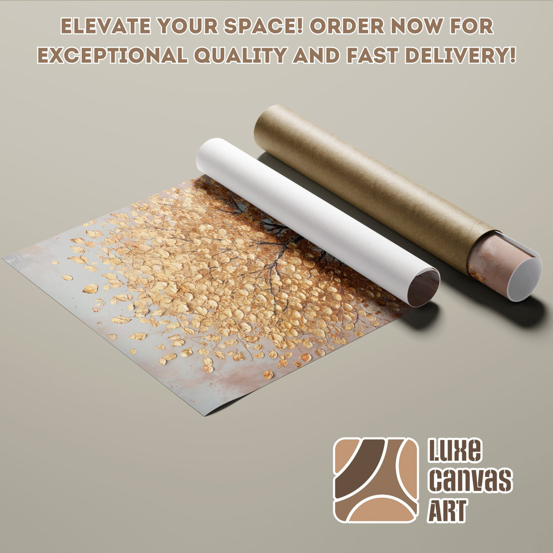 Poster Roll featuring a gold leaf art print. Neutral color palette, perfect for modern decor. Order your art today!