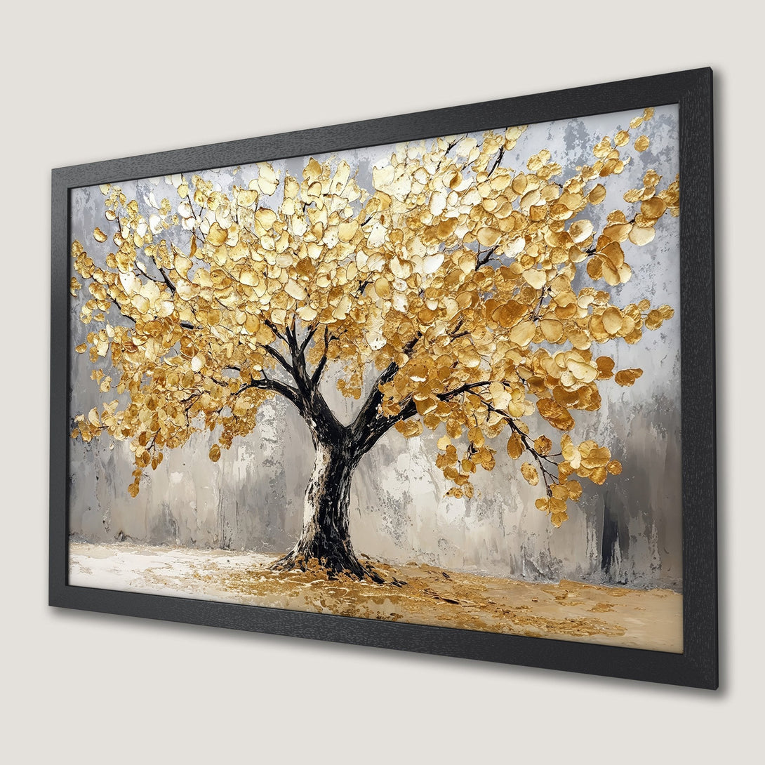 Framed Poster featuring a golden tree against a textured gray backdrop. Modern art with a warm, neutral color palette.
