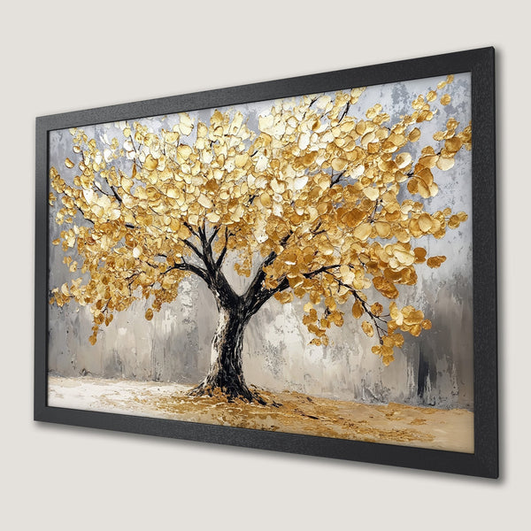 Framed Poster featuring a golden tree against a textured gray backdrop. Modern art with a warm, neutral color palette.
