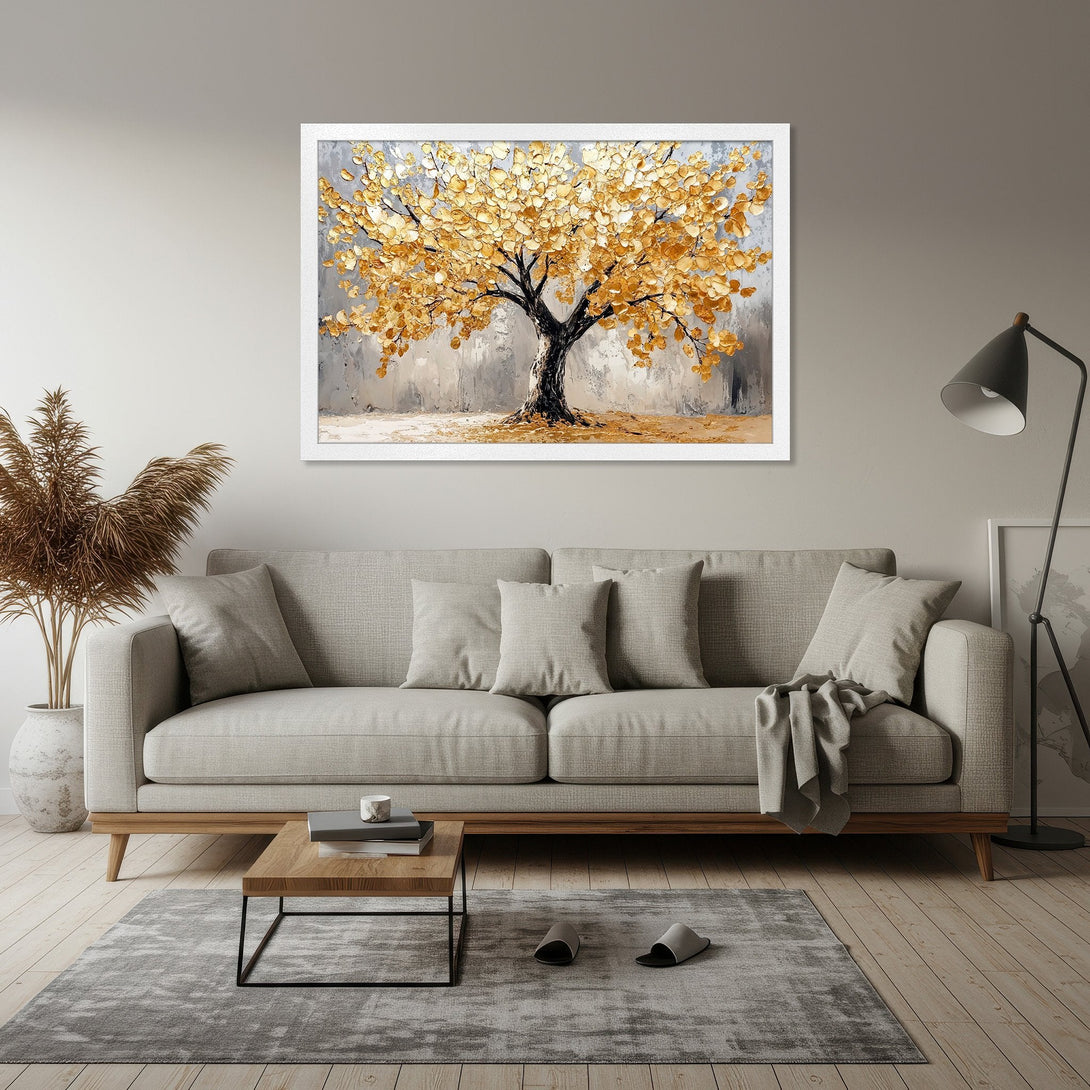 Framed Poster of a golden tree artwork in a modern style, featuring a neutral color palette for elegant home decor.
