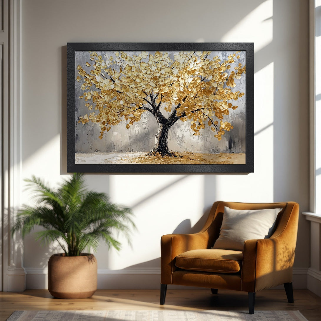 Framed Poster of golden tree art, perfect for adding warmth to any space. Neutral color palette with a touch of luxury.