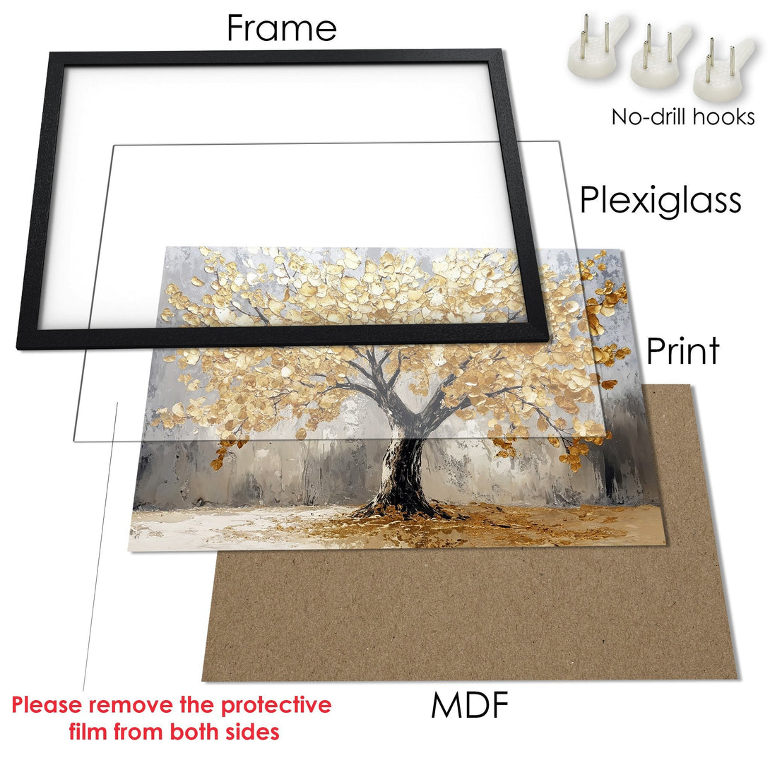 Framed Poster of a golden tree in a textured style, with a neutral color palette. Perfect wall art for your home!