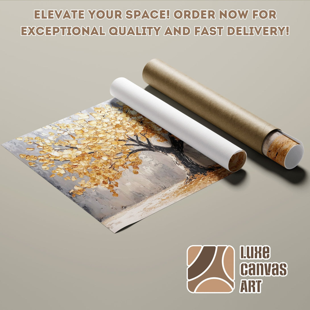 Abstract tree Poster Roll in gold and gray tones. Elevate your space with Luxe Canvas Art!