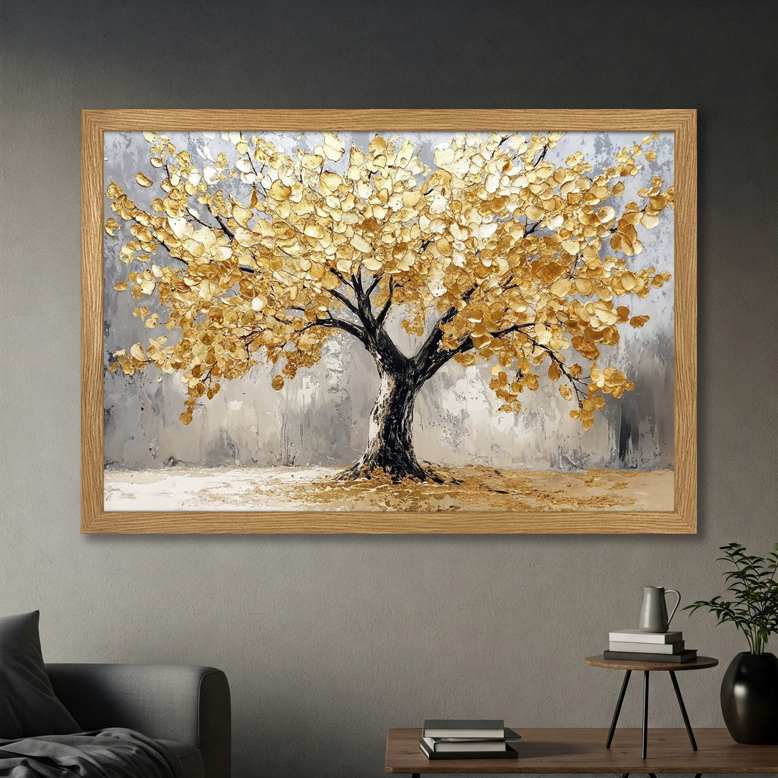 Framed Poster of a golden tree painting in a textured, modern style. Neutral gray and gold color palette, perfect wall art.