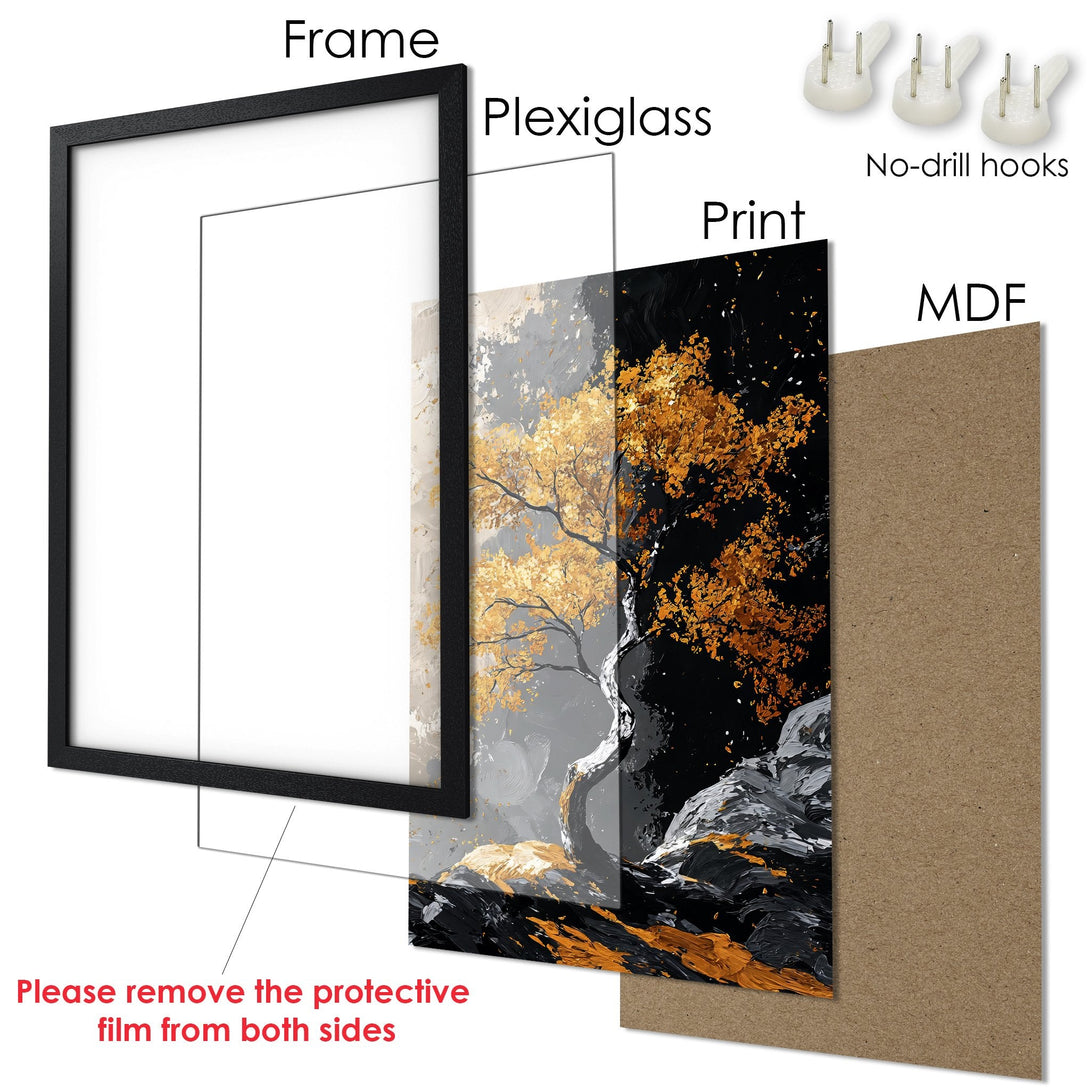 Framed Poster art featuring a golden tree in an abstract style. Black, gold, and gray color palette. Ready to hang!