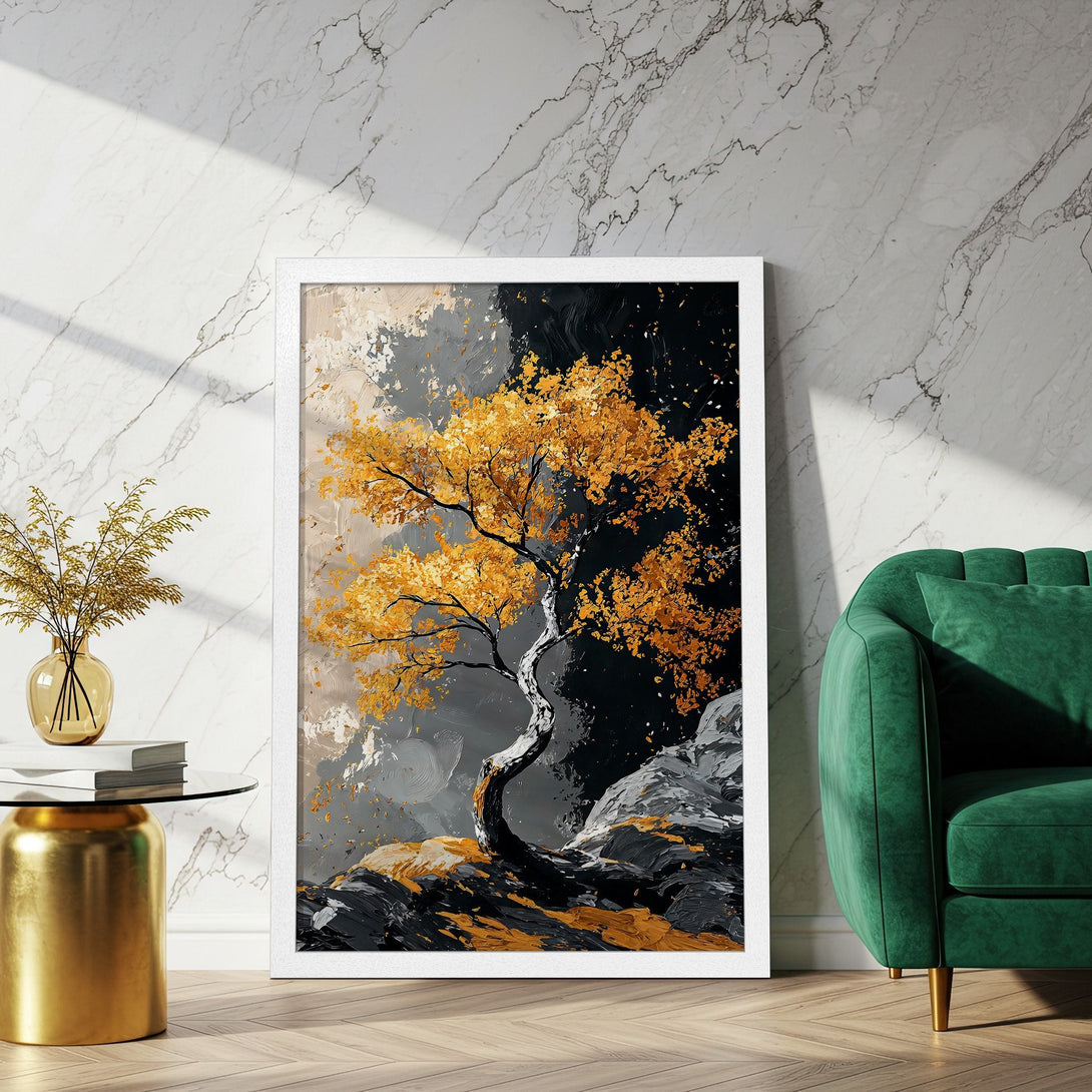 Framed Poster featuring a golden tree art print. Modern abstract style with a black, gray, and gold color palette. Perfect wall decor.