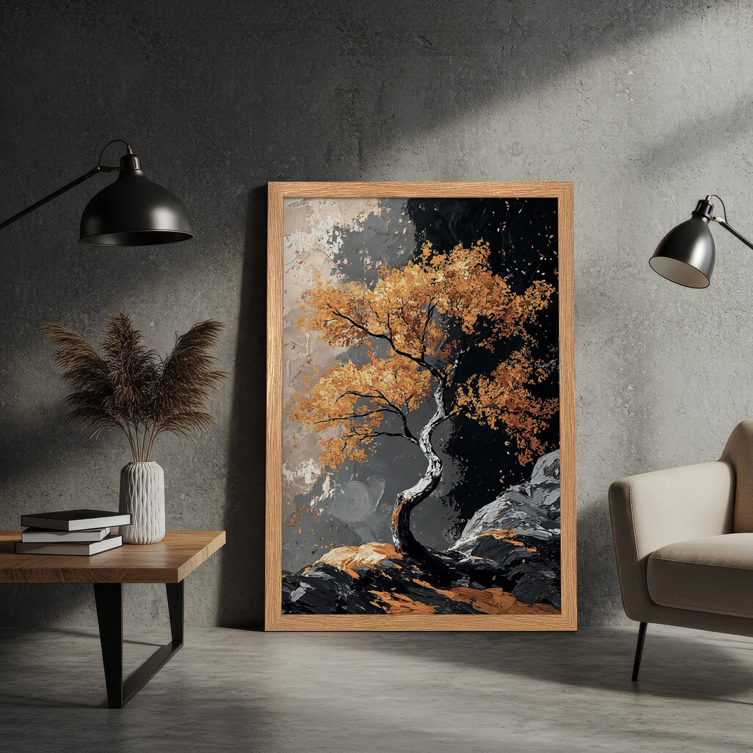 Framed Poster featuring an abstract tree painting in a modern style. The color palette includes gold, black, and gray tones. Perfect wall art for any room.