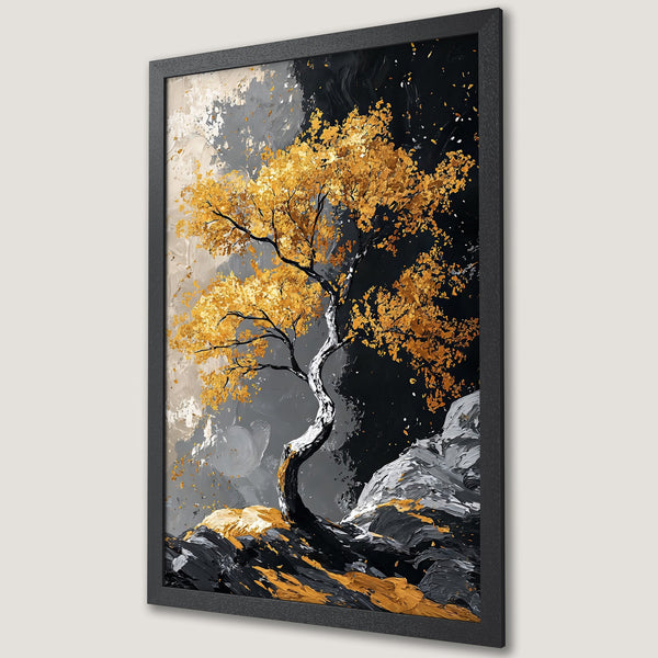 Framed Poster featuring a golden tree against a black and gray abstract background. Modern art print with a luxurious color palette.