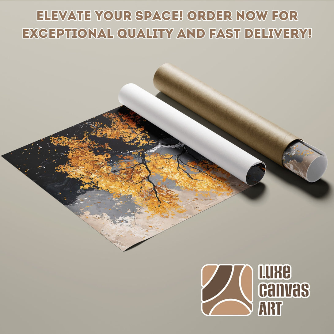 Poster Roll of an abstract tree art print in gold, black, and gray, perfect for home decor.