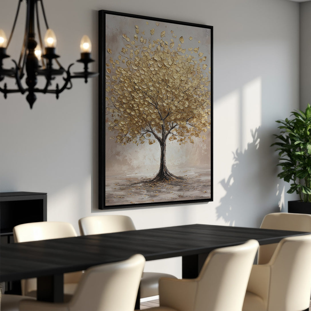 Framed Wall Art of a golden tree in a neutral color palette. Modern art print perfect for dining rooms.