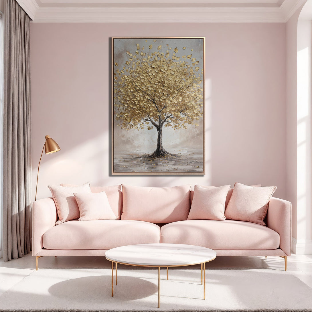 Framed Wall Art: Gold leaf tree painting in a blush pink living room. Modern art canvas print with a neutral and gold color palette.