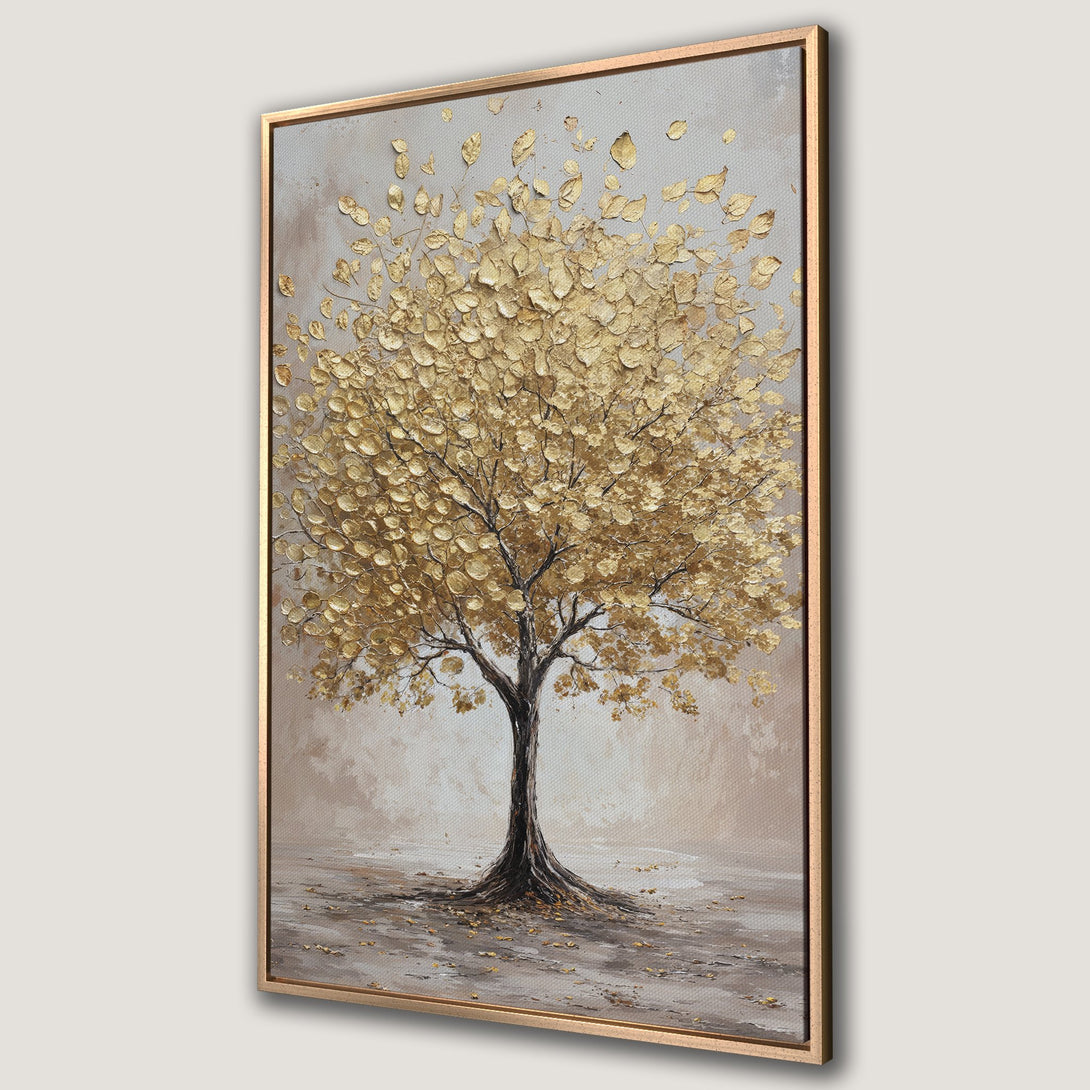Framed Wall Art: Golden leaf tree painting in neutral tones. Textured canvas print adds elegance to any space. Perfect for modern home decor.