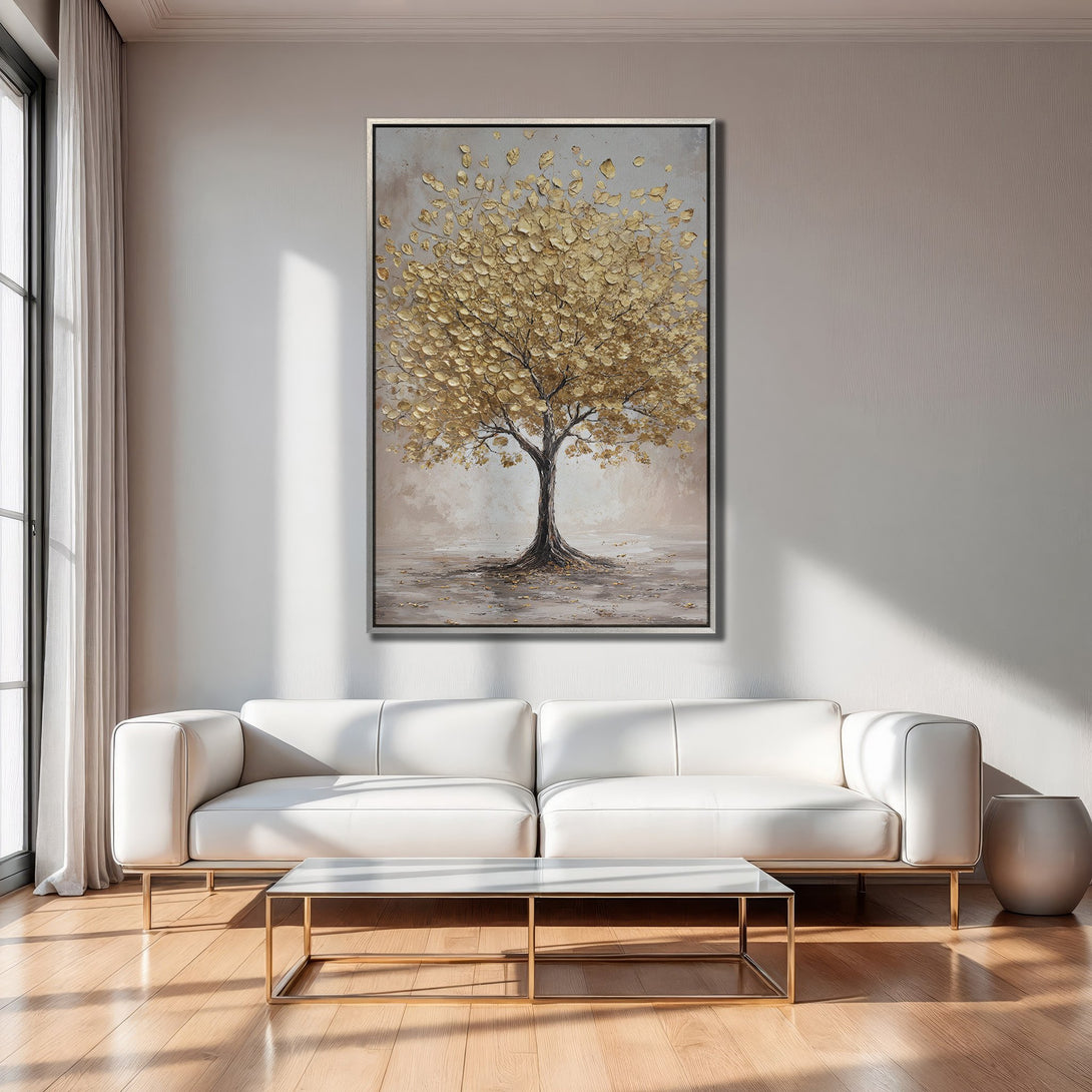 Framed Wall Art: Gold leaf tree painting in a modern living room. Neutral color palette with gold accents. Enhance your home decor with elegant art.