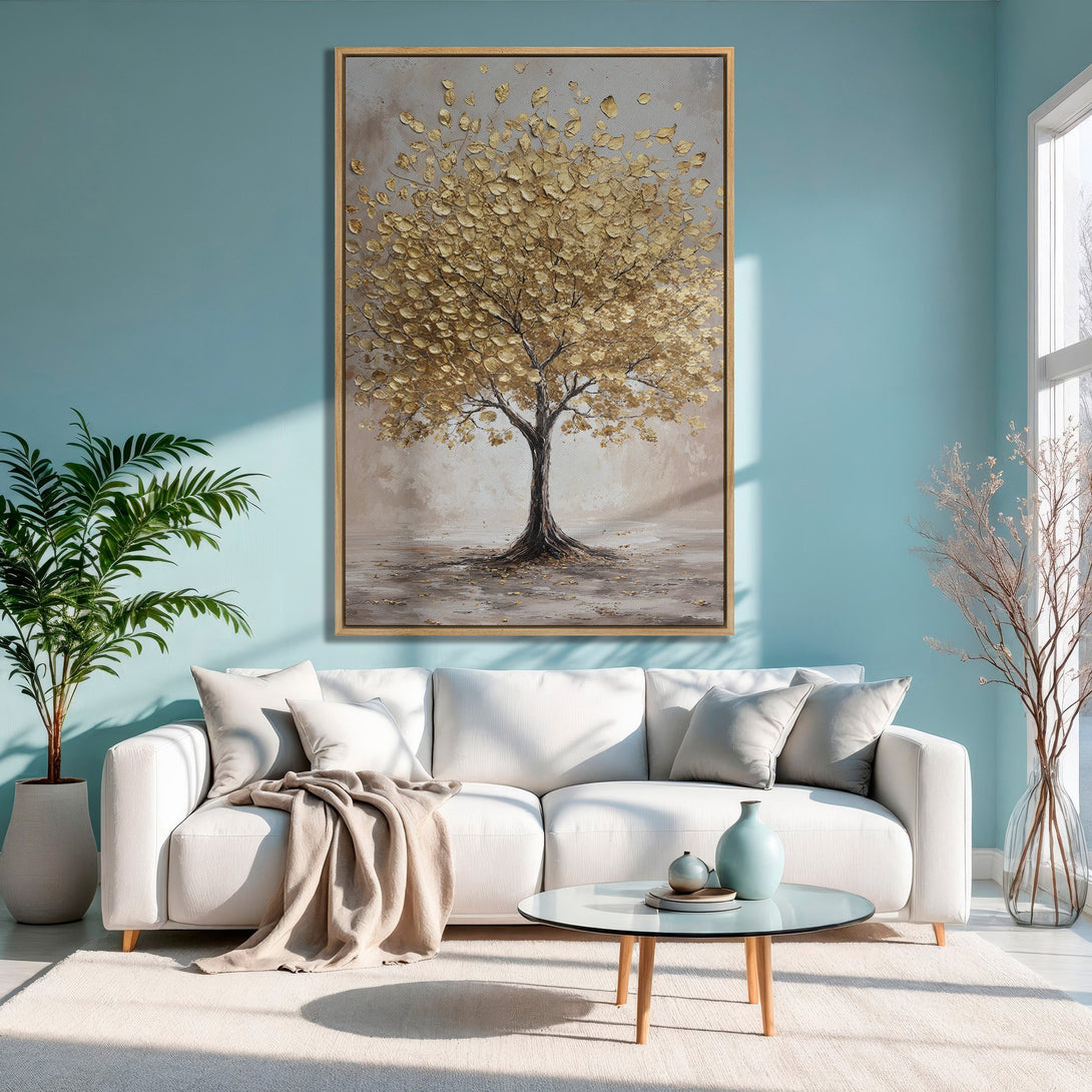 Framed Wall Art: Golden tree art print in a modern living room with a serene blue and neutral color palette. Enhance your home decor!